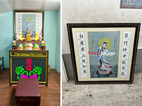In tranh thờ Mẹ Quan Âm - tranh canvas đóng khung viền hoa văn lót mặt kính - VND194