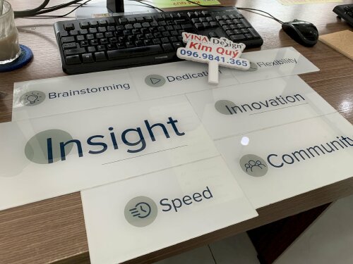 In UV lên mica bảng slogan trang trí văn phòng làm việc Speed, Insight, Community, Innovation, Flexibility, Dedication, Brainstorming - VND503