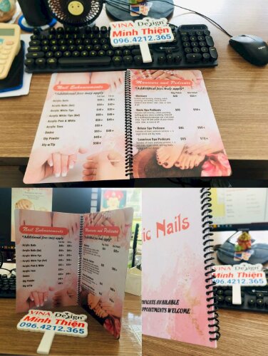 In menu tiệm Nails, menu nhựa PVC in 2 mặt, cán mờ, gáy lò xo, hàng gửi đi Mỹ từ TPHCM - VND586