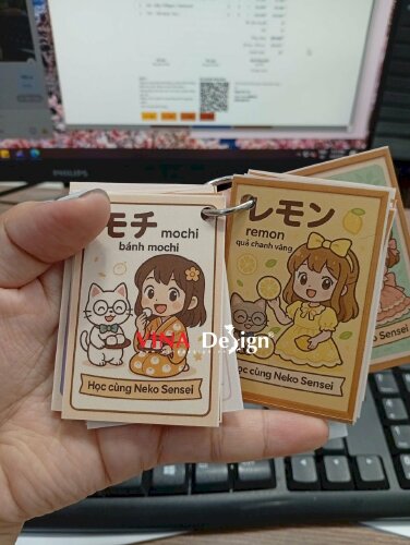 Bộ thẻ học từ vựng Flashcard có móc khóa treo in thẻ nhựa mỏng, cán mờ, đục lỗ tròn - VND932