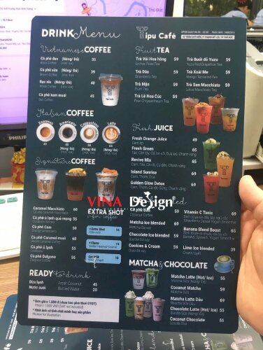 Bảng menu cầm tay quán coffee & tea từ nhựa PVC dày cứng cáp, in 2 mặt, chống thấm - VND952