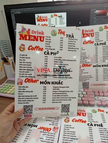 Làm menu quán trà cà phê in PP bồi Formex 5li, cán bóng, 1 mặt nội dung - VND985