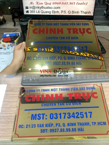 Biển tên công ty inox, mặt nhôm vàng, có vạt lá hẹ - VND03