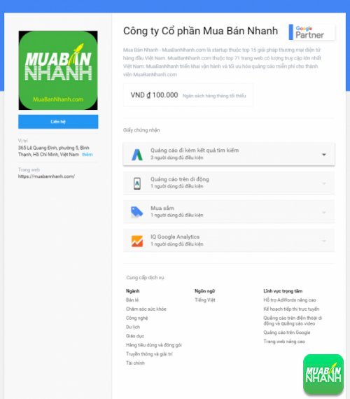 Hồ sơ Google Partner của Mua Bán Nhanh