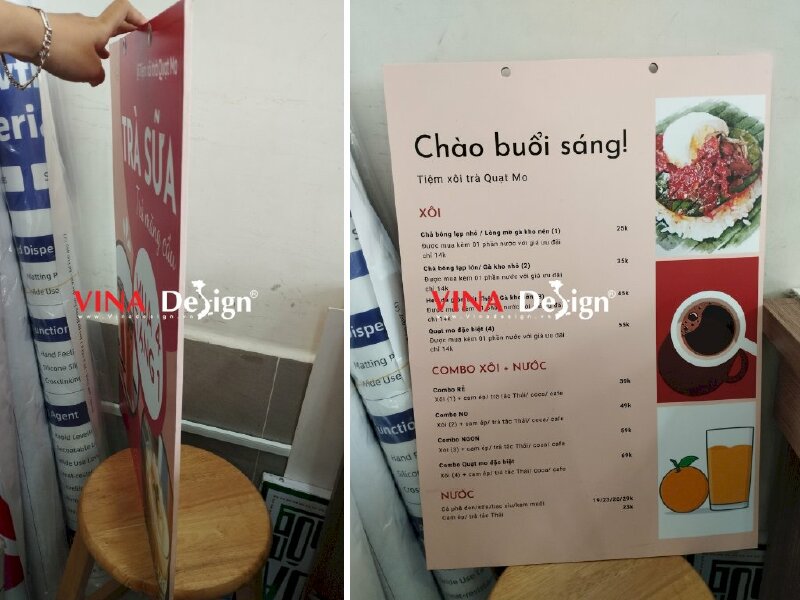 In bảng menu treo thả tiệm xôi trà Quạt Mo - VND92