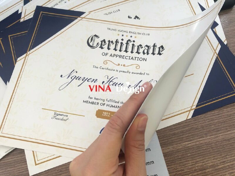 In giấy chứng nhận Certificate trung tâm Anh ngữ - VND74