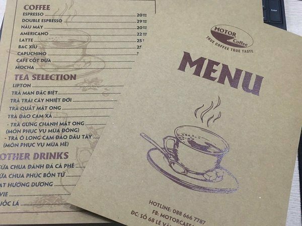 Kích thước menu cafe