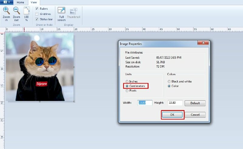 Bước 2 : Đổi đơn vị đo sang cm, inch, pixel