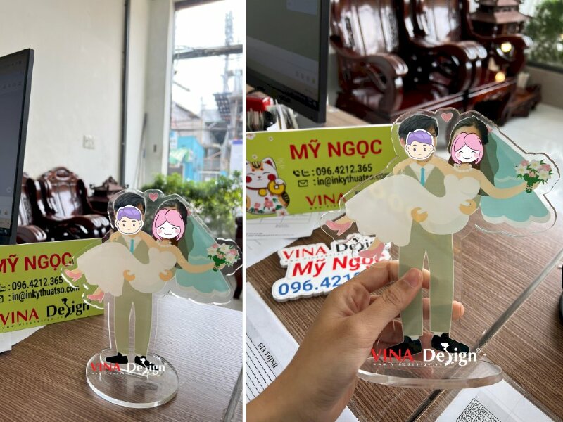 In chibi cô dâu chú rể mockup mô hình cưới standee mica để bàn - VND183