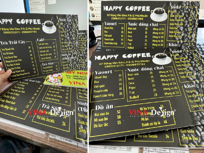 In menu cầm tay quán coffee bình dân - VND148