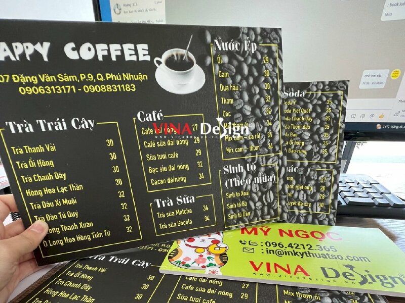 In menu cầm tay quán coffee bình dân - VND148