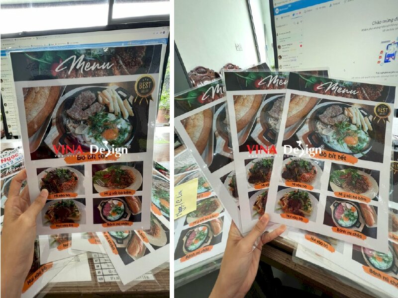 In menu ép nhựa plastic tờ rời cầm tay quán ăn sáng - VND201