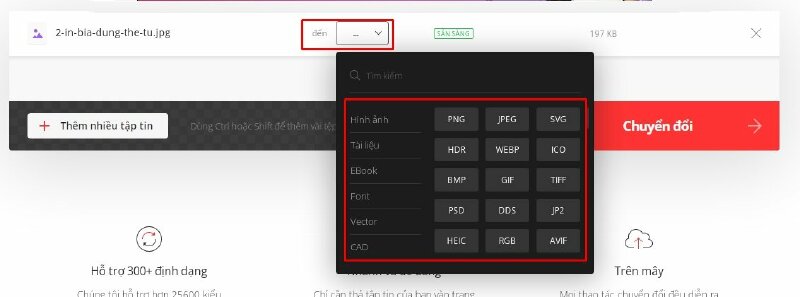 Bước 3: Chọn định dạng đầu ra: Sau khi hình ảnh được tải lên nhấp vào ô nằm kế bên chữ "đến" và chọn định dạng JPG làm định dạng đầu ra.