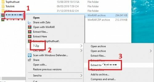 Nhấp chuột phải vào tập tin nén: Để giải nén tập tin, bạn có thể nhấp chuột phải vào tập tin nén (.zip, .7z, vv.) mà bạn muốn giải nén, sau đó chọn một trong các tùy chọn sau:
