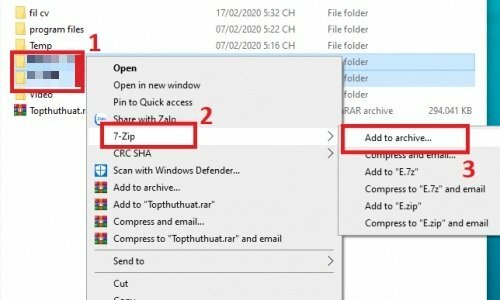 Bước 3: Chuột phải lên tập tin hoặc thư mục bạn đã chọn > chọn "7-Zip" và sau đó chọn "Add to archive" >  Cấu hình tùy chọn nén: Một cửa sổ mới sẽ hiển thị, cho phép bạn cấu hình tùy chọn nén. Trong đó:
