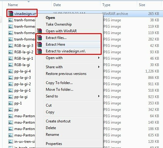 Bước 2: Chuột phải vào file nén .rar mà bạn muốn giải nén sau đó chọn một trong các tùy chọn sau: