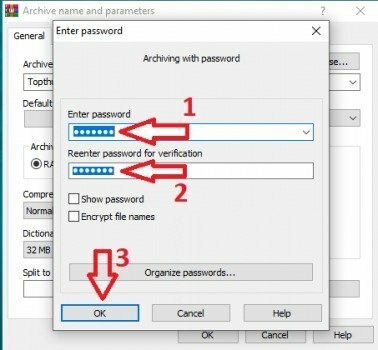 Bước 5: Đặt mật khẩu file nén: Nếu muốn  đặt mật khẩu cho file nén này thì bạn click vào tùy chọn Set Password, tiếp đến hãy nhập mật khẩu vào ô Enter password, nhắc lại vào ô bên dưới và nhấn OK.