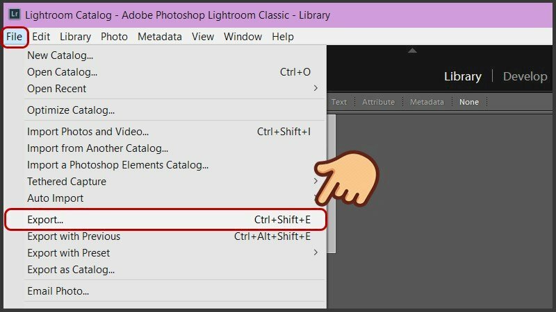 Bước 3: Sau khi ảnh đã được mở trong Lightroom, bạn có thể tiến hành xuất ảnh sang định dạng JPG bằng cách chọn "File" trên thanh menu > chọn "Export..." (hoặc sử dụng phím tắt Ctrl + Shift + E).