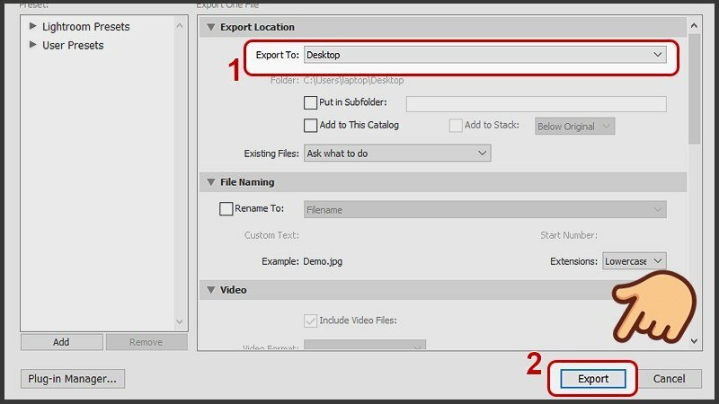 Bước 4: Cửa sổ "Export One File" sẽ xuất hiện. Tùy chọn nơi xuất ảnh và để các thông số còn lại theo mặc định, sau đó nhấn "Export".