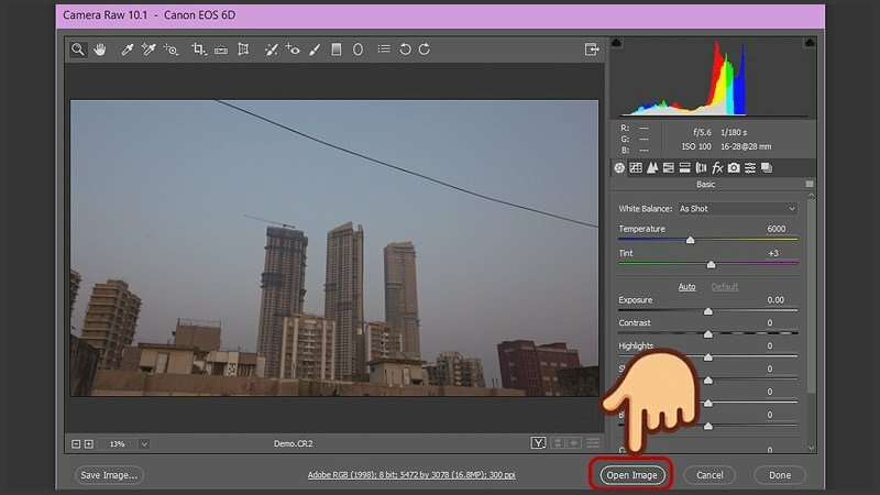 Bước 3: Trong cửa sổ Camera RAW > chọn "Open Image" để mở hình ảnh trong Photoshop.
