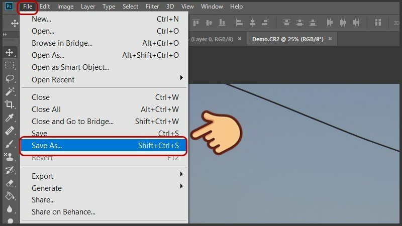Bước 4: Sau khi ảnh đã được mở, thực hiện xuất ảnh sang JPG bằng cách chọn File > chọn Save As hoặc nhấn phím tắt Ctrl + Shift + S