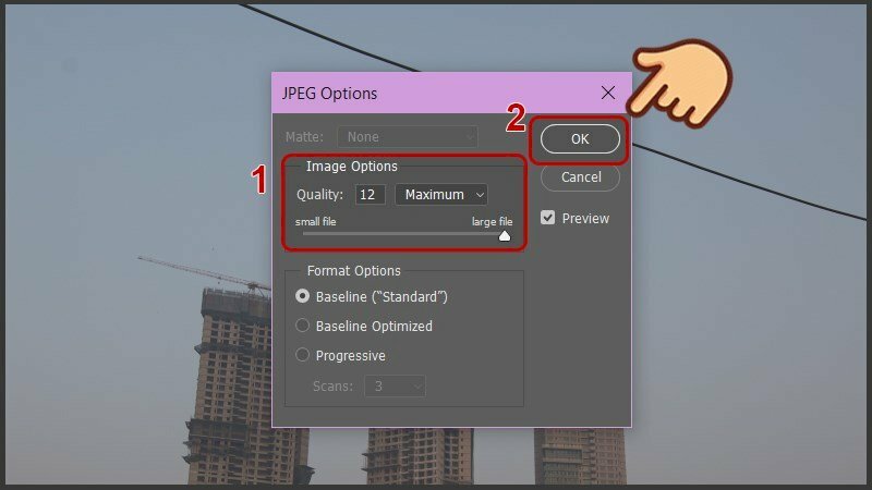 Bước 6: Bạn có thể tùy chỉnh chất lượng ảnh. Để xuất ra ảnh rõ nét, hãy chọn "Quality" là 12 và nhấn "OK" để xuất ảnh. Lúc này, ảnh sẽ được xuất ra với định dạng JPG.