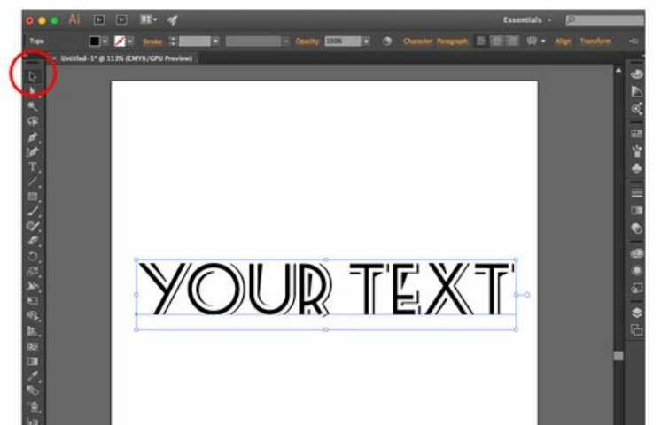 Bước 1: Sau khi soạn văn bản trong Illustrator xong > chọn công cụ Selection Tool (phím tắt = V) và click vào vùng chữ muốn chuyển đổi.