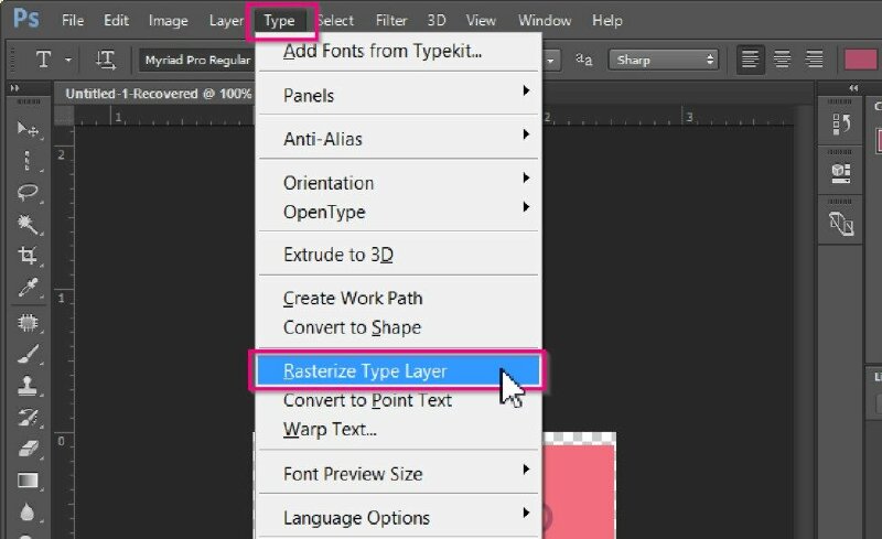 Ở menu trên cùng hãy nhấn vào Type > Rasterize Type Layer