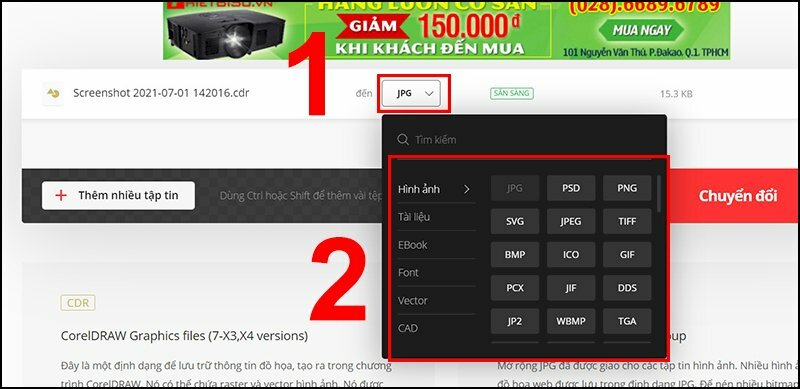 Bước 4: Bắt đầu chuyển đổi: Nhấp vào ô nằm kế bên chữ "đến" và chọn đuôi file mà bạn muốn chuyển đổi