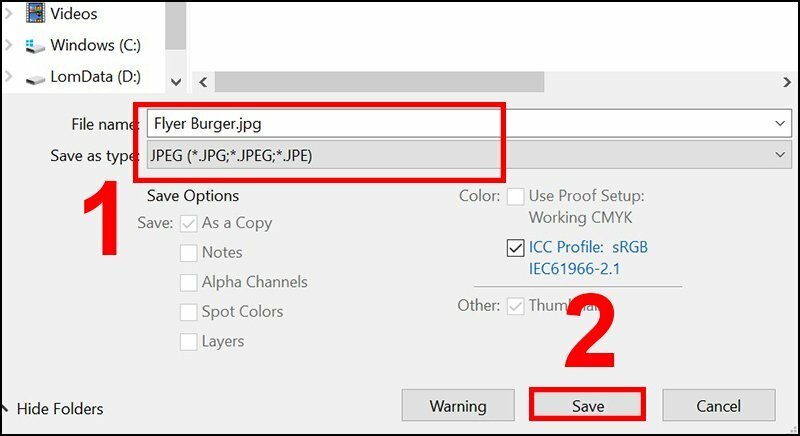 Trong hộp thoại "Save As" (Lưu thành), bạn có thể chọn định dạng bạn muốn lưu tập tin. Adobe Photoshop hỗ trợ nhiều định dạng hình ảnh, bao gồm JPEG, PNG, PDF, RAW, EPS,...