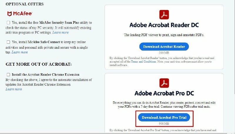 Bước 3: Nhấp vào "Download Acrobat Pro Trial" để tải phần mềm xuống máy tính của bạn.