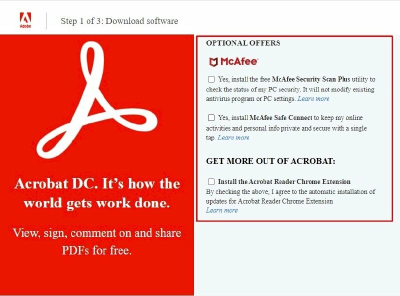 Bước 2: Hủy chọn tải các phần mềm không cần thiết bằng cách bỏ chọn mục "OPTIONAL OFFERS" và "GET MORE OUT OF ACROBAT".