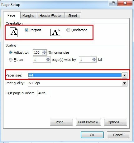 Tại tab Page: Paper size hãy chọn khổ giấy in là khổ giấy A4. Chọn in theo khổ ngang bấm vào Landscape hoặc khổ dọc bấm vào Portrait. 