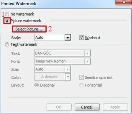 Bước 3: Hộp thoại Printed watermark hiện lên > Bấm chọn Picture watermark > Bấm Select Picture để chọn logo từ máy tính chèn vào làm tài liệu Word. Tại đây bạn có thể điều chỉnh kích thước cho logo chìm ở phần scale. Lưu ý khi bỏ tích tại ô Washout thì logo sẽ đậm hơn.