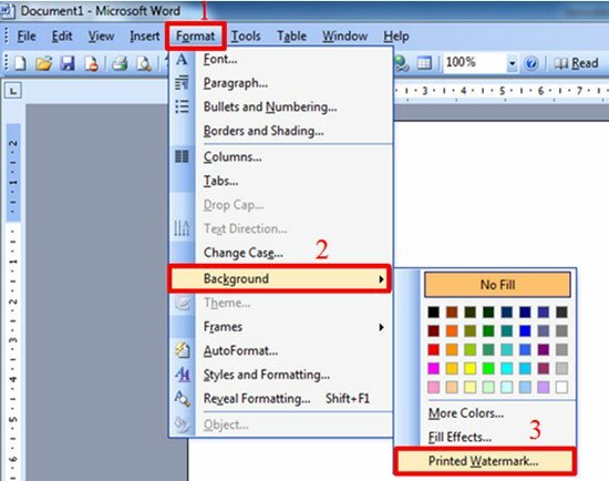 Bước 2: Chọn vị trí bạn muốn chèn logo chìm trong tài liệu > Chọn Tab Format trên menu > Background > Printed Watermark