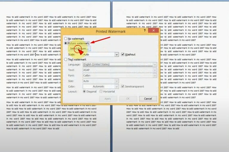 Bước 3: Hộp thoại Printed watermark hiện lên > Bấm chọn Picture watermark > Bấm Select Picture chọn logo từ máy tính chèn vào làm tài liệu Word > Xong bấm Insert. 
