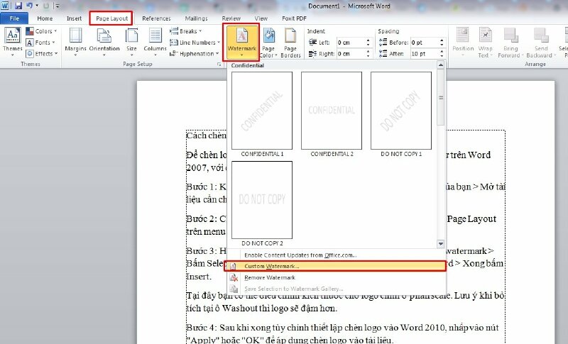 Bước 2: Chọn vị trí bạn muốn chèn logo chìm trong tài liệu > Chọn Page Layout trên menu > Nhấp vào Watermark > Chọn Custom Watermark