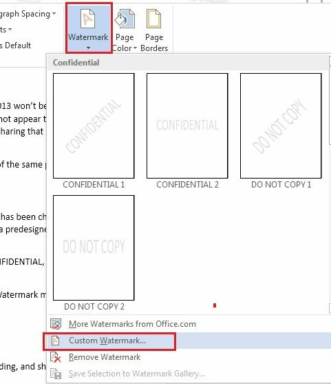 Bước 2: Chọn vị trí bạn muốn chèn logo chìm trong tài liệu > Chọn Design trên menu > Nhấp vào Watermark > Chọn Custom Watermark
