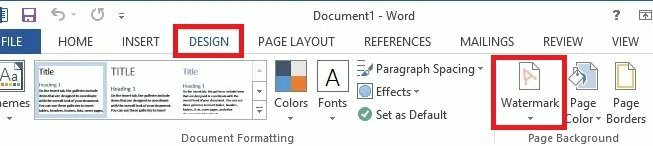 Bước 2: Chọn vị trí bạn muốn chèn logo chìm trong tài liệu > Chọn Design trên menu > Nhấp vào Watermark > Chọn Custom Watermark
