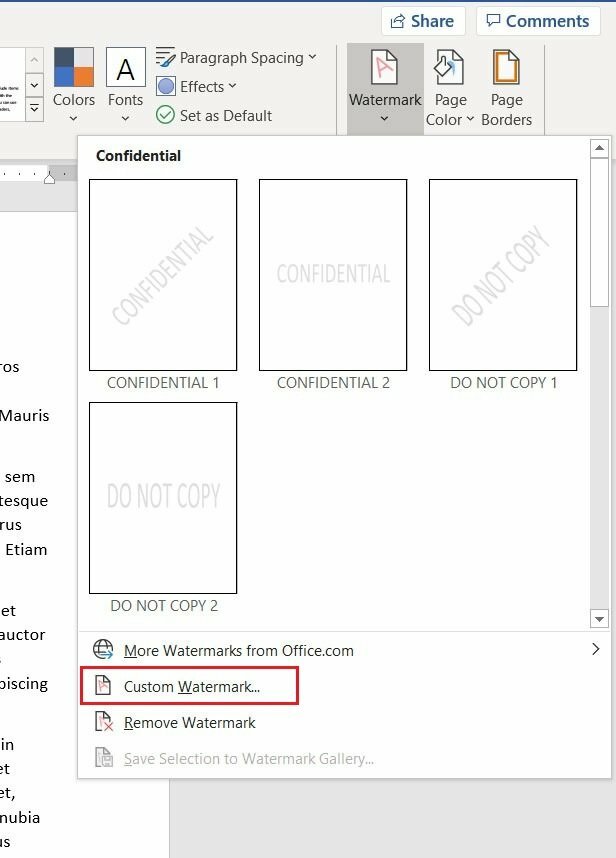 Một menu thả xuống sẽ hiện ra hãy chọn Custom Watermark