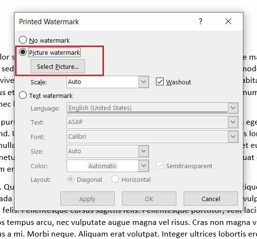 Bước 3: Hộp thoại Printed watermark sẽ xuất hiện > Bấm chọn Picture watermark > Bấm Select Picture chọn logo từ máy tính chèn vào làm tài liệu Word > Xong bấm Insert để thêm logo cần chèn vào tài liệu.
