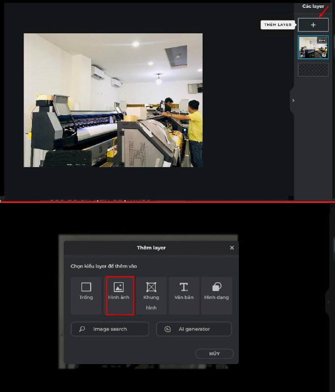 Sau khi đã thêm ảnh hãy bấm vào dấu + Thêm layer ở góc phải màn hình > Chọn thêm Hình ảnh > Chọn logo từ máy của bạn > Bấm Open.