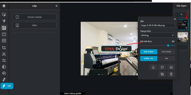 Nếu cần, bạn có thể thay đổi độ mờ (opacity) của logo bằng cách > Bấm vào dấu ba chấm (...) ở góc phải layer logo > Tại thanh Độ mờ đục hãy điều chỉnh thanh trượt "Opacity" trong hộp thoại.