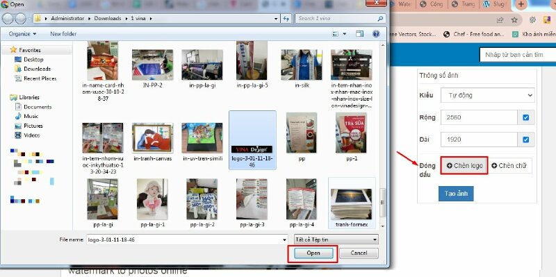 Bước 3: Sau khi hình đã được tải lên > Tại mục Đóng dấu > Chọn Chèn logo > Chọn logo cần chèn vào ảnh > Bấm Open để tải logo lên.