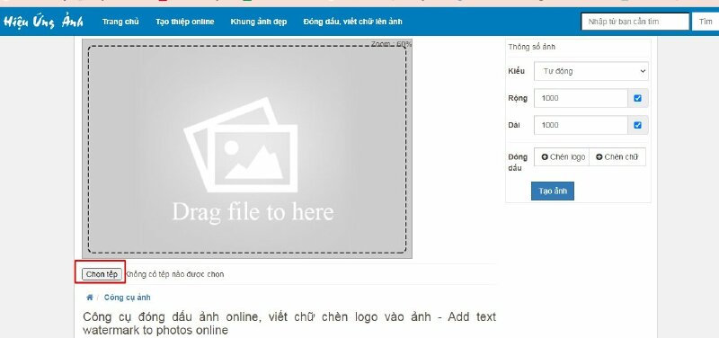 Bước 2: Để chèn logo lên hình ảnh bấm Chọn tập tin để tải ảnh lên > Chọn hình ảnh mà bạn muốn thêm logo > Bấm open để mở. 