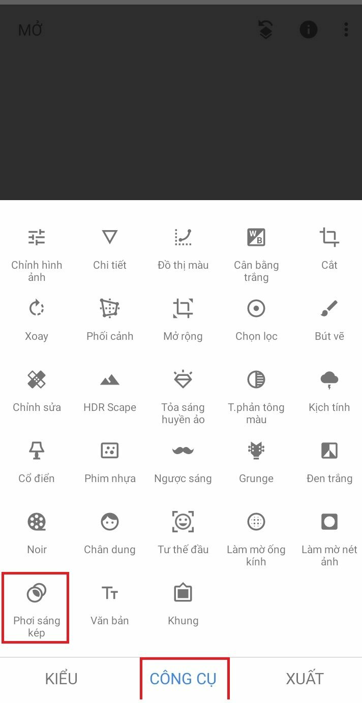 Bước 3: Bạn chọn Công cụ > Chọn Phơi sáng kép > Chọn thêm hình ở biểu tượng tấm hình có dấu "+" > Chọn ảnh logo bạn muốn chèn vào hình ảnh.