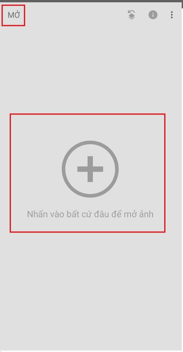 Bước 2: Mở ứng dụng Snapseed và chọn ảnh mà bạn muốn chỉnh sửa bằng cách nhấn vào chữ Mở, dấu + hoặc bất cứ đâu để mở ảnh.