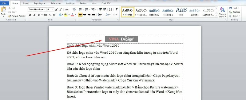 Kết quả chèn logo vào đầu trang Word