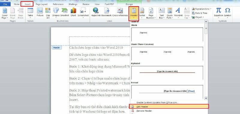 Cách 2: Chọn tab Insert trên thanh menu của Word > Bấm chọn Header, một menu thả xuống sẽ hiện ra với các mẫu đầu trang có sẵn > Bấm chọn một mẫu đầu trang hoặc chọn Edit Header để tạo đầu trang tùy chỉnh riêng của bạn.