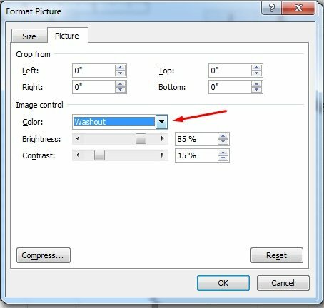 Để làm mờ logo: Chọn tab Picture > Ở phần Color bạn chọn Washout > Nhấn OK để làm mờ hình logo trong file Excel. Và cũng có thể điều chỉnh độ sáng tại Brightness và độ tương phản tại Contract.